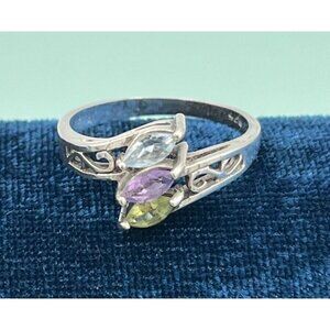 Vintage 925 Silver Three Stone Marquis Ring Peridot Topaz Amethyst Size 9.75